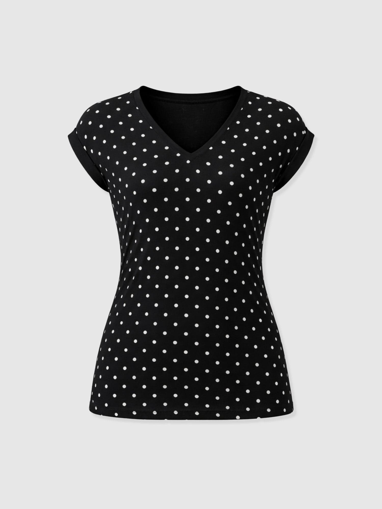 Turn Up Contrast V Neck Tee - Black Polka Dot - Women's T-shirts | Saint + Sofia® USA